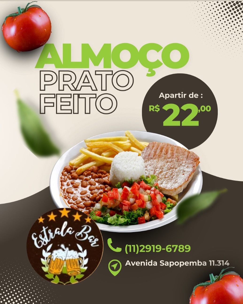 Prato Feito do Estrala Bar, com arroz, feijão, carne grelhada e salada